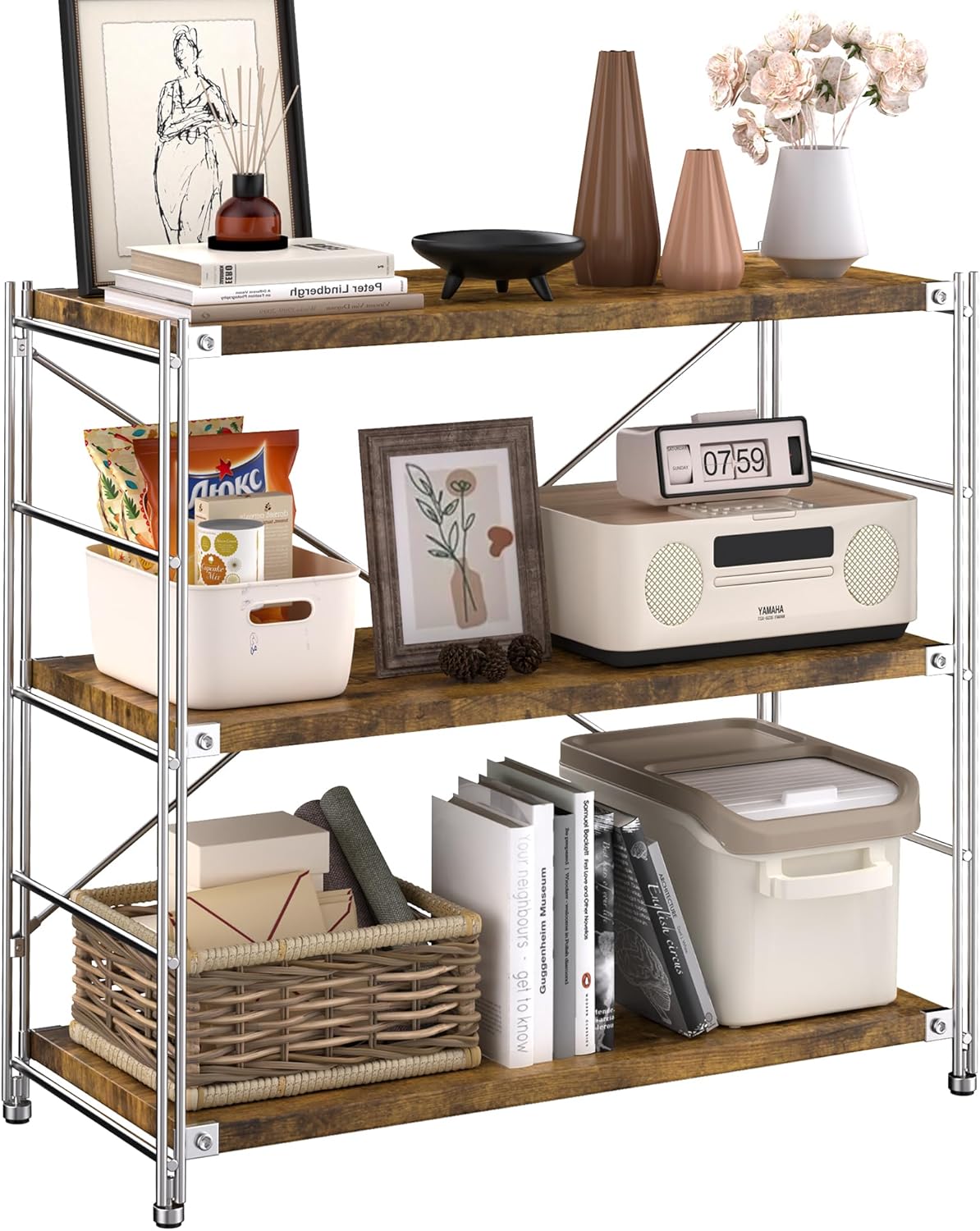 3段 棚 ラック 幅86 オープンシェルフ スモークカラー 仕切り板高さ調節可能 組み立てが容易 多機能収納 キッチン・リビング・書斎適