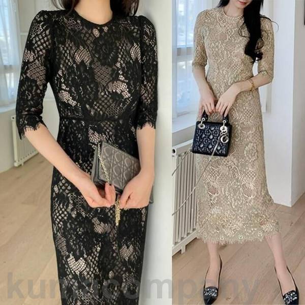 結婚式 ワンピース 袖あり レース ドレス ミモレ丈 パーティー 総レース おしゃれ レディース 大人 可愛い フェミニン 五分袖 ワンピ 透け感 エレガント タイト スリム 二次会 お呼ばれ ベージ