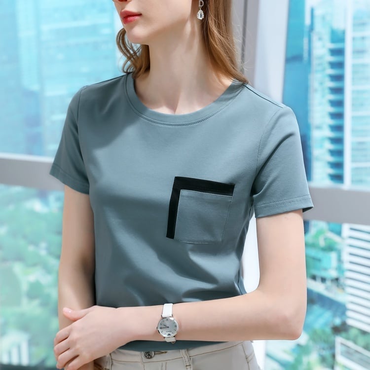 5color レディース トップス Tシャツ 白トップス 袖あり 半袖 バイカラー ラウンドネック