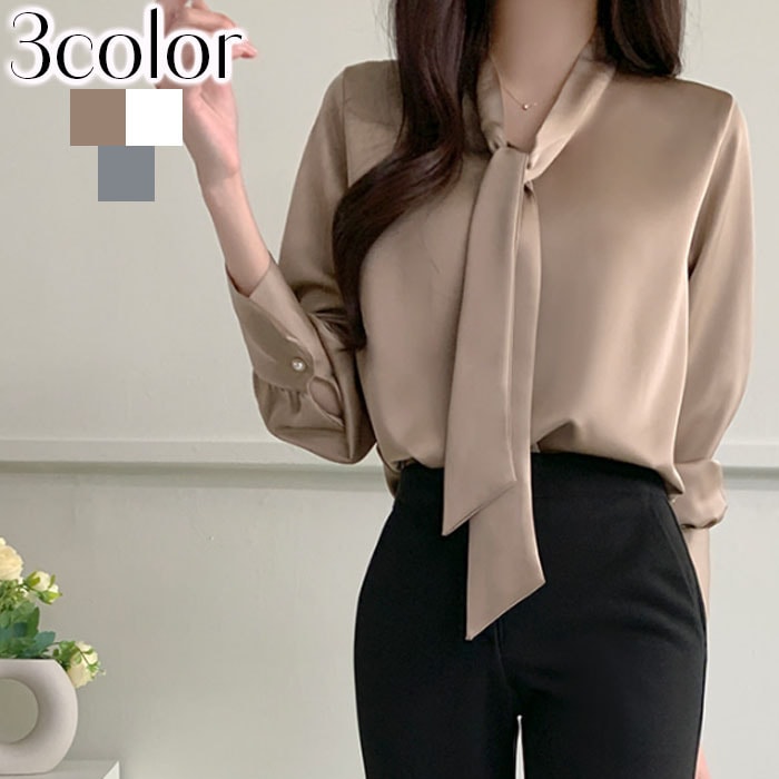 ブラウス 秋冬 ボウタイ パーティー サテン オフィス デート