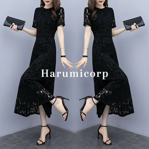 【即納380】ワンピース レディース 半袖 40代 レースワンピース 春夏 ロングワンピース Aライン マキシワンピース 無地 黒 フレア パーティードレス 結婚式 披露宴 お呼ばれ 二次会 ドレス