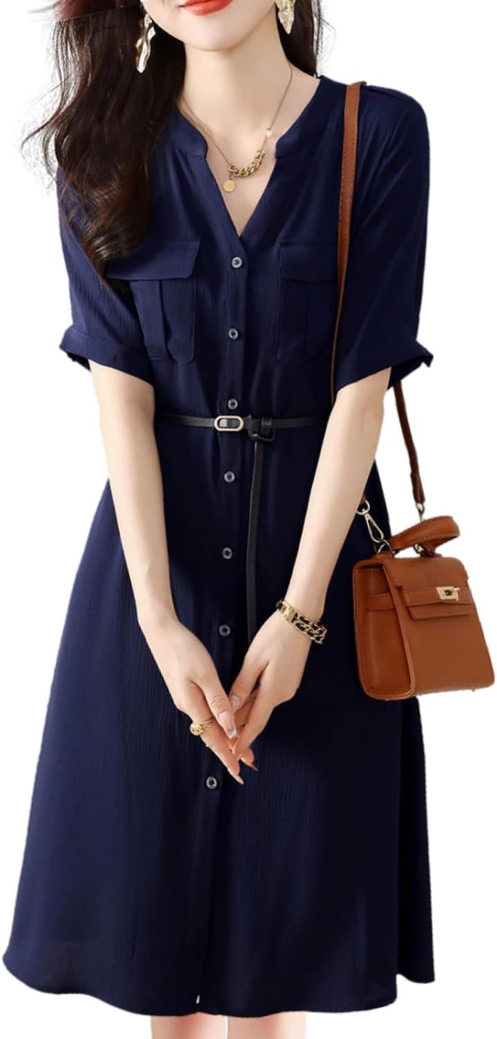 サーマル ワンピース スキッパー きれいめ カジュアル 半袖 膝丈 春 夏 秋 レディース( ネイビー, M) 5,260円