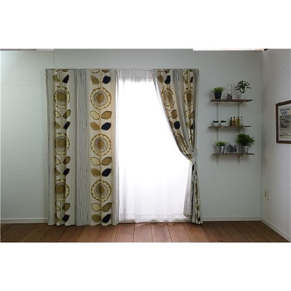 ひまわり柄 遮光カーテン 幅100cm丈200cm アイボリー 1枚入 遮光2級 タッセル付き 形状記憶加工 花柄 サンフラワー