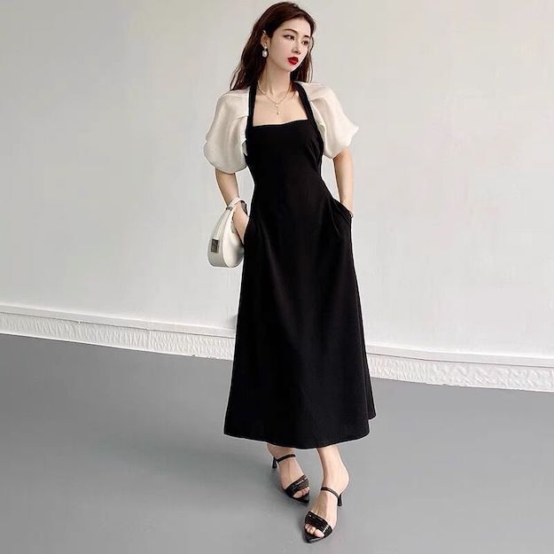 レディース ワンピース モノトーン ふんわり袖 スクエアネック シアー 透け感 大人かわいい Aライン 体型カバー ロング丈 スタイルアップ ブラック ベージュ 黒 半袖 20代 30代 4,805円