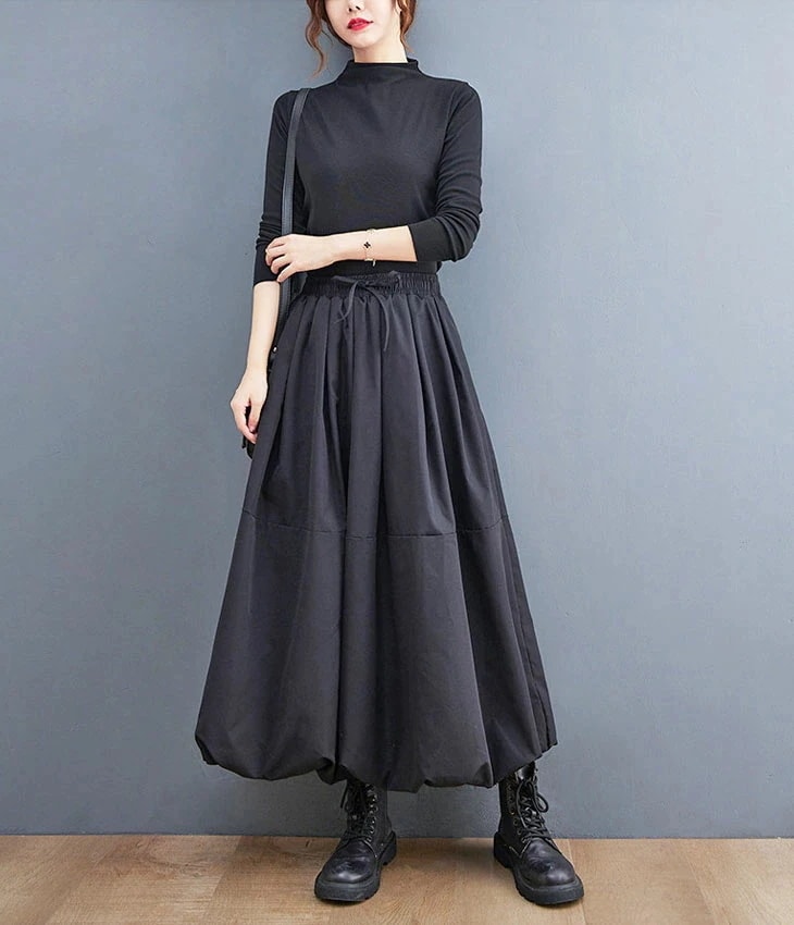 ロングスカート スカート 秋 冬 バルーン コクーン ロング スカート レディース ボトムス ウエストゴム 楽ちん マキシ フレア 体型カバー 膝下 カジュアル きれいめ 大人可愛い 秋冬 ゆっ