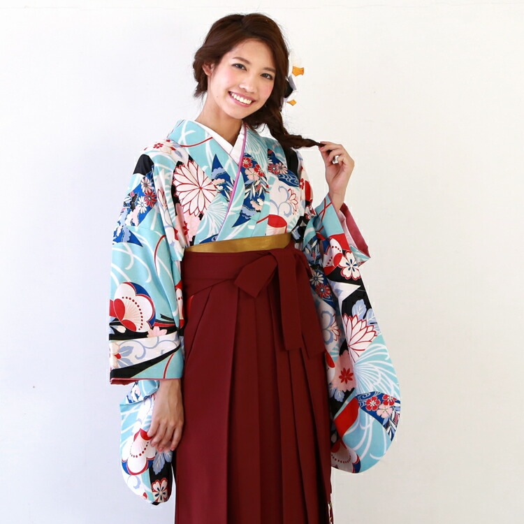 レンタル卒業式 袴 レンタル 女 袴セット 女 卒業式袴セット2尺袖着物＆袴 フルセットレンタル 安い 水色地に梅 熨斗 菊 撫子ハカマ はかま rental