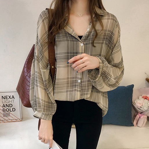 新作 トップス シャツ ブラウス POLOカラー ゆったり シフォンシャツ チェック柄 格子柄 人気 長袖 バックロング ボタン シングル バットスリーブ ビッグサイズ 韓国 大人女子