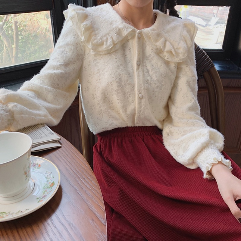 トップス シャツ ブラウス ショート丈 袖あり 長袖 襟付き スリム レース ハイウエスト 前開き 透け感 大人可愛い きれいめ 上品 おしゃれ レトロ 大人女子 キュート ガーリー エレガント 無地