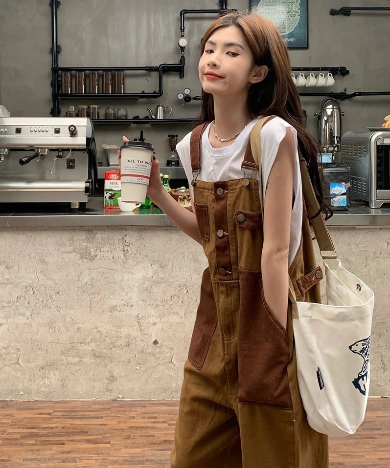 サロペット レディース オーバーオール ボタン デニム ストレート ワイド ポケット かわいい お出かけ おしゃれ 楽ちん ゆったり ルーズ カジュアル 普段使い 重ね着 学生 無地 茶色 S M L