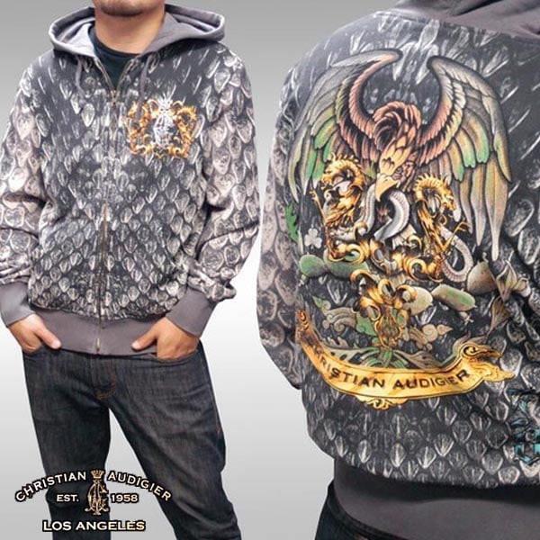 セール クリスチャンオードジェー パーカー メンズ Christian Audigier EAGLE チャコール ジップパーカー フーディー インポート ハリウッド LAセレブ ファッション セレ