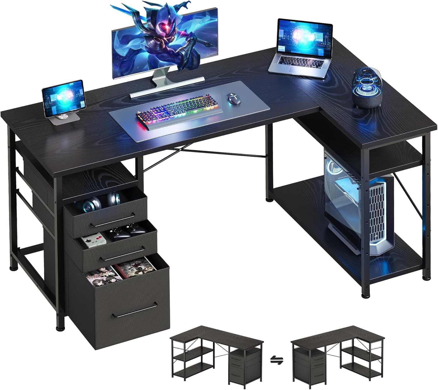 Maihail ゲーミングデスク パソコンデスク l字デスク 机 勉強机 学習机 右棚左棚 幅120cm pcデスク コーナーデスク 本棚付き 引き出し付き 幅120cm ブラック