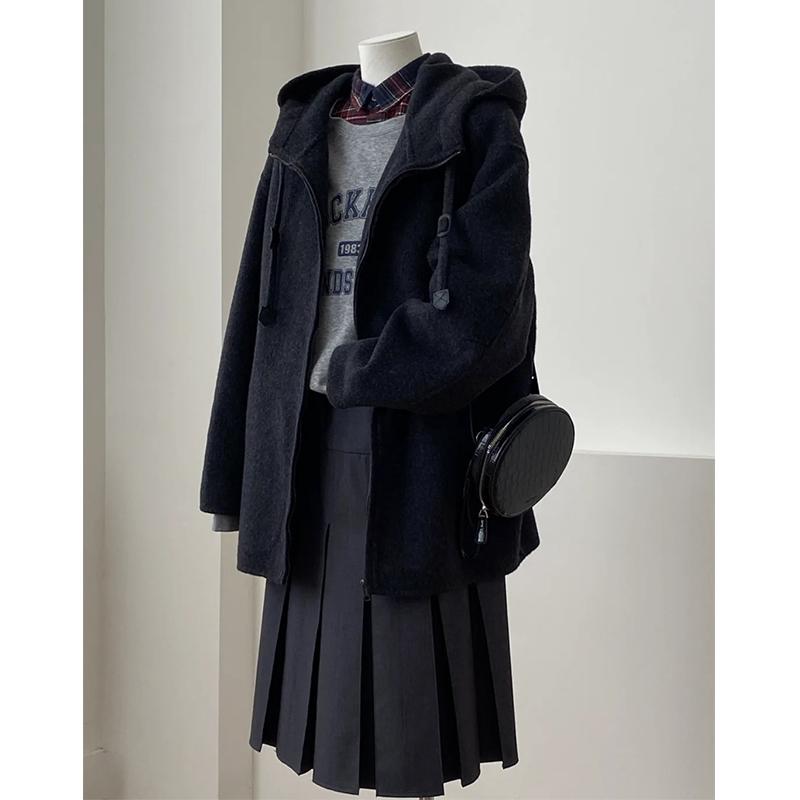秋冬 コーデ レディース ファッション オシャレ 服 カワイイ シンプル 大人カワイイ 大きいサイズ 黒 フード付き ウール コート ハイエンド 韓国スタイル