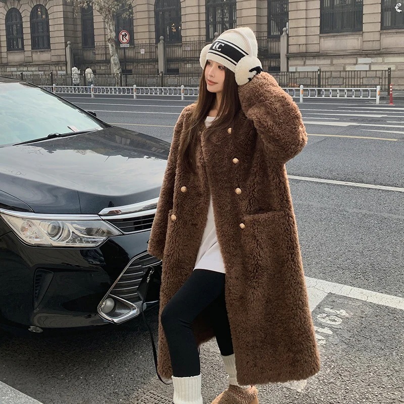 大好評 Ah Chu 2025新しい冬スタイルラムウールムートンラウンドカラーファーワンピースファーコート女性用ミドル丈コート韓国