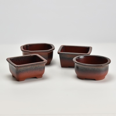 盆栽鉢 朱泥窯変3.5号 4点セット 鉢幅約10cm奥行約8cm高さ約5cm 陶器
