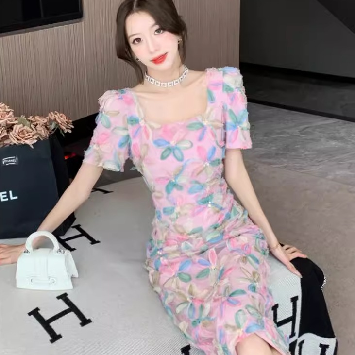 ドレス ドレスワンピース パーティー 結婚式 二次会 披露宴 ステージ キャバ ラウンジ クラブ ミモレ丈 半袖 バルーンスリーブ 袖あり スクエアネック 襟なし マーメイド イブニング ハイウエスト