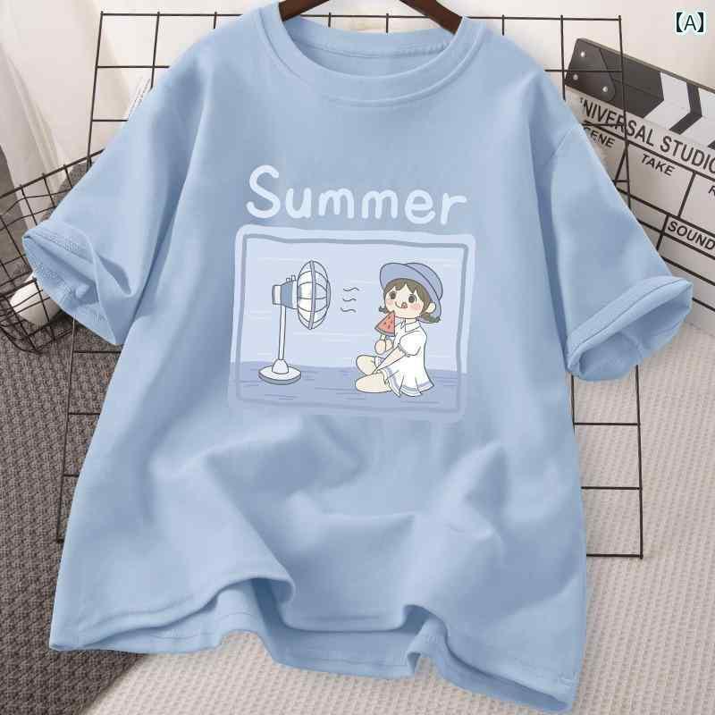 レディース　Tシャツ　半袖 夏の 女性用 綿 半袖 Tシャツ 薄手 スタイル 大きいサイズ 太め mm 年齢を 感じさせにくい プリント ラウンドネック トップス