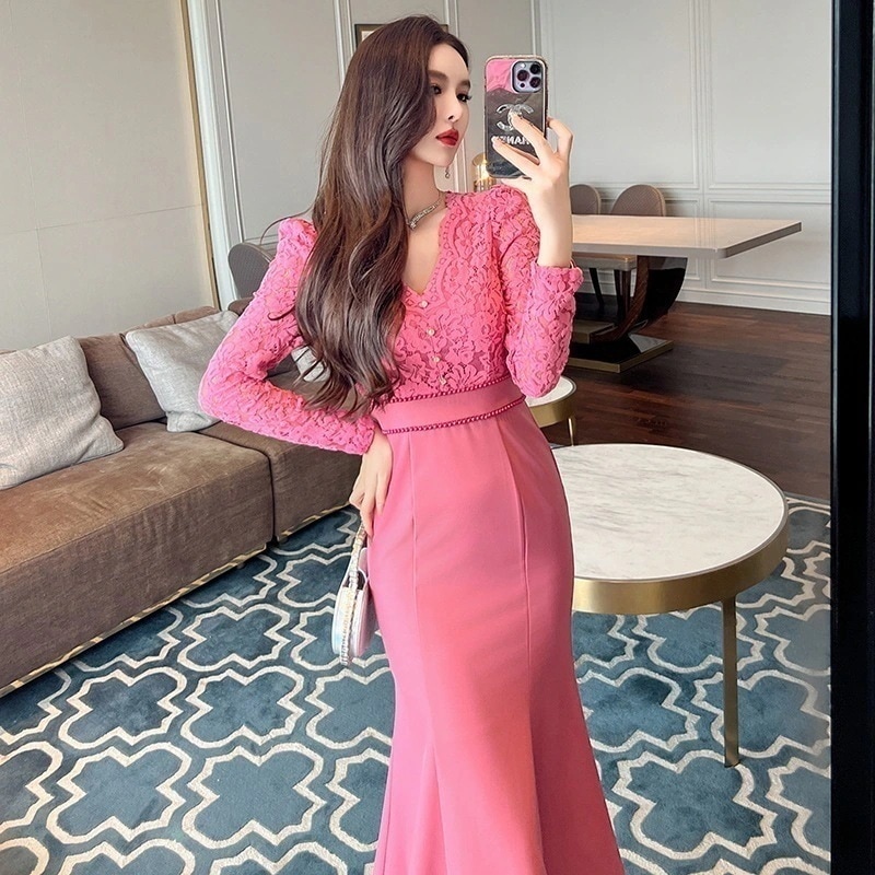 【JY.上品】 秋冬 レース ワンピース ドッキング マーメイド パーティードレス キャバ 着痩せ 大人 同窓会 披露宴 卒業式 結婚式 演奏会 ウェディング 二次会