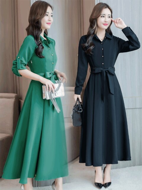 新作 ワンピースドレスフレアワンピースロング丈ベルトリボン襟付き長袖上品大人キレイめmme3891