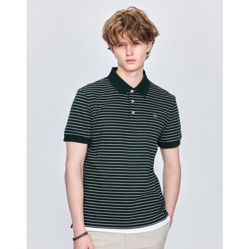 [25SS] [ソフトコットン] グリーンインターロックストライプショートスリーブカラー HZTS5B435E3