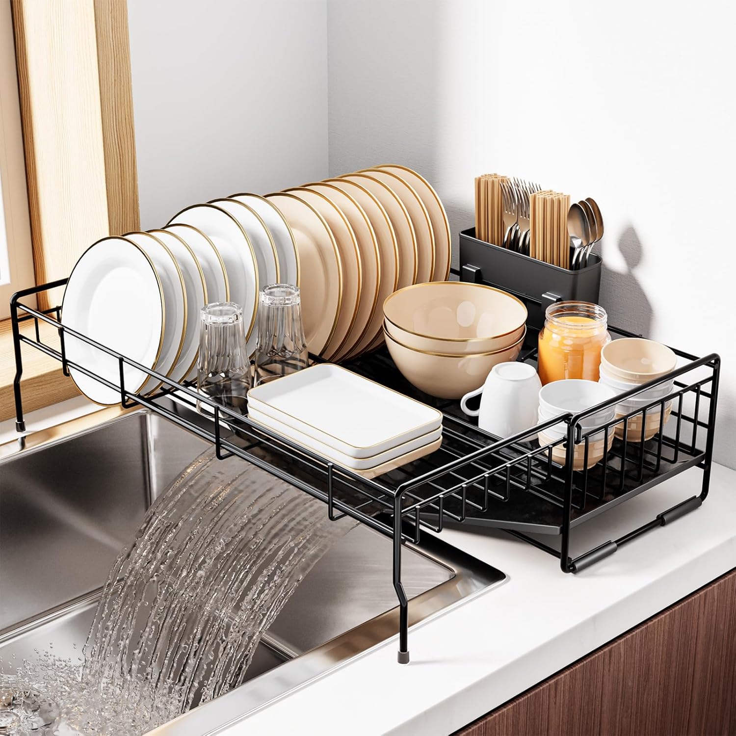 伸縮式大容量食器乾燥ラック防錆金属フレーム取り外し可能トレー付き（幅2138×奥行56×高さ15cm ブラック）
