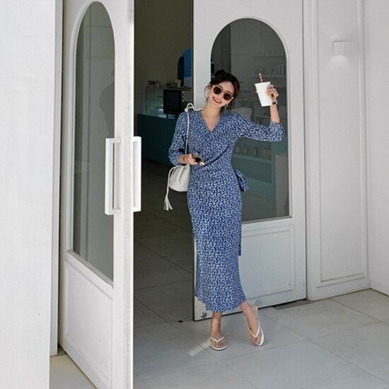 【取寄：納期2週間】ワンピース 夏 タイト ロング丈 ロングタイトワンピース 花柄 Vネック 7分袖 ワンピース