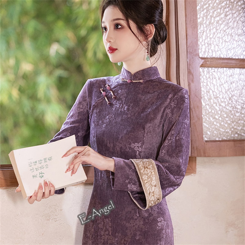 チャイナドレス 紫 花柄 秋冬 ロング 長袖 改良チャイナドレス シェニール パープル スタンドカ