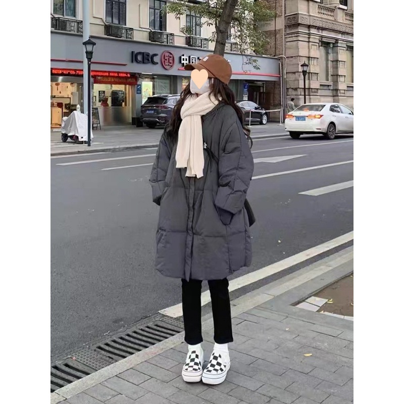 グレーダウンジャケット小さな女性のための 2025 冬の新しいルーズミッドレングス厚いホワイトダックダウンブレッドジャケット