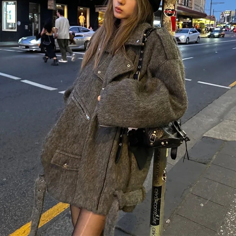 韓国風のセクシーでシックなレディースウールコート新しい秋冬スタイルミドル丈ウールコート