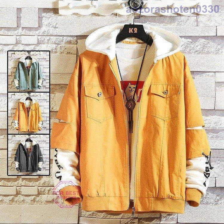 マウンテンパーカー メンズ 春物 ジャケット 袖ダメージ 重ね着風 フード付き おしゃれ ブルゾン カジュアル 男性 春