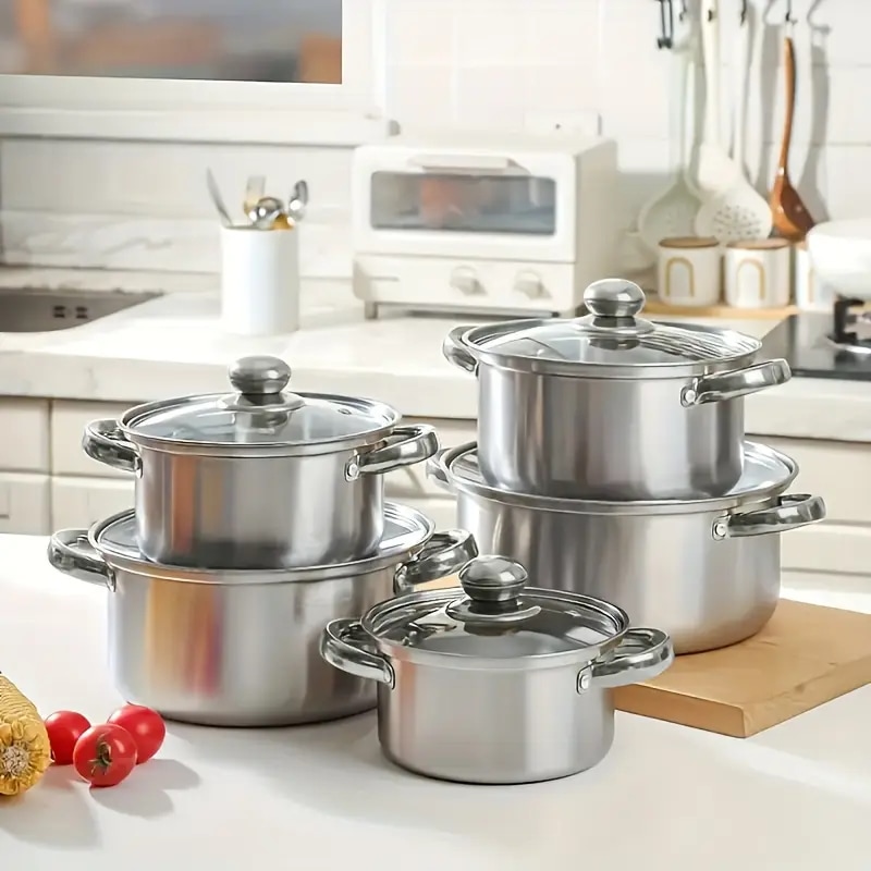 10個のステンレス製調理器具セットインダクションハイエーターに適しています5つのスープポットと5つの蓋を含み健康的な家庭やレストランの調理に適しています屋外寮キャンプの使用にでキャン