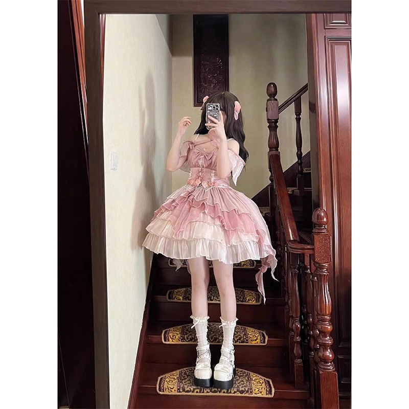 ロリータ ピンク花柄ロリータドレスJSKロリータ姫ドレスワンピース