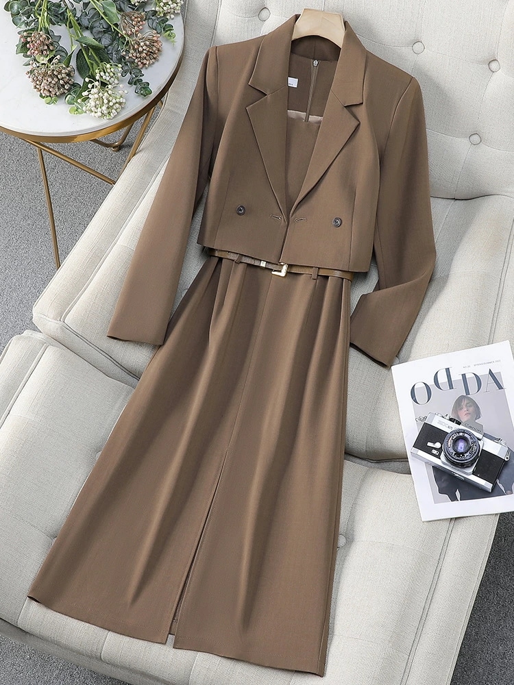 レディース アウター コート 短丈 ブラウン 春秋 高級感 ベスト スカート スーツセット