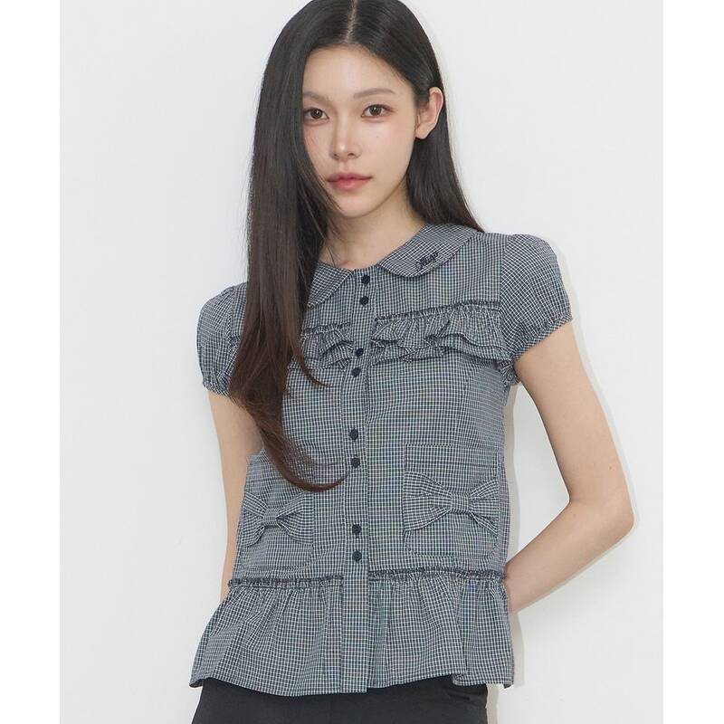 ILLIGO ボウポケット ラッフルブラウス チェック ネイビー 26SMTOP03NV 374323