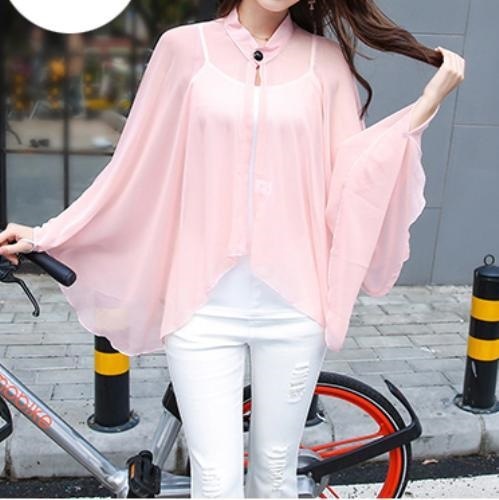 2200.シフォン ポンチョ ジレ トップス(ピンク)