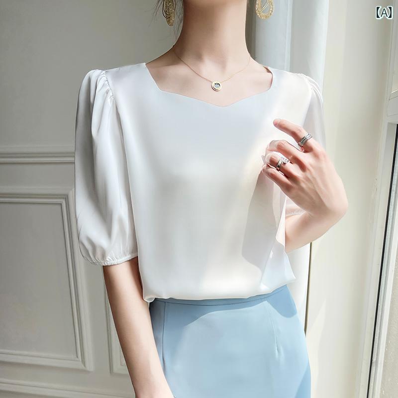 レディース トップス シンプル おしゃれ 半袖 Tシャツ サテン スリーブ 夏