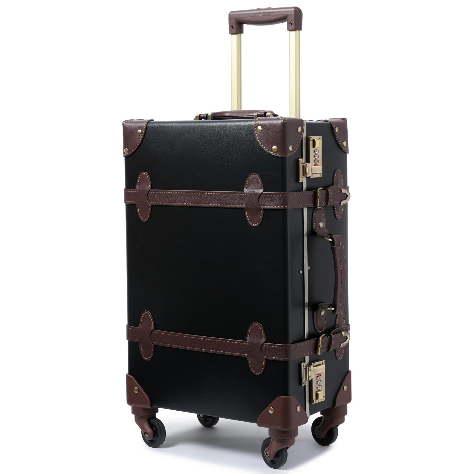 [urecity] かわいいアンティーク風トランクケース - クラシックな静音＆軽量キャリーケース - レトロデザインのキャリーバッグ - 手作り (ブラック/ブラウン Sサイズ(20