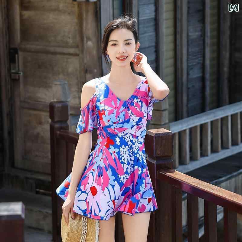 水着 レディース ワンピース スカート スリム お腹カバー 魅惑的 オフショルダー 半袖 温泉 旅行 プール リゾート ビーチ レジャー 体型カバー