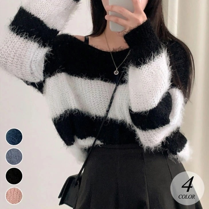 【2025新作 急速出荷】ボーダー ニット セーター 長袖 レディース 秋 冬 トップス 暖かい ラウンドネック ゆったり かわいい カジュアル レトロ 肩出し おしゃれ バイカラー ニットセーター