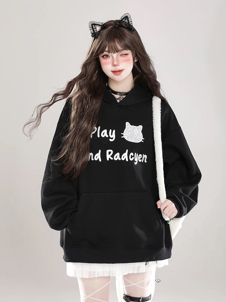 大学生通学高校耳 韓国長袖レトロパーカー刺繍カジュアルルーズファッション系ゆったり大人っぽかわいいレディースフード付き羽織りサイズきれいめシルエットトレーナー 普段使い 2025秋冬トップス
