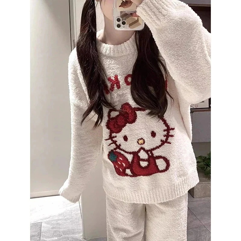 最低価格挑戦[BIG-SALE限定]パジャマ 着ぐるみパジャマ 冬ゆったりとしただるいにモコモコニットルームウェアセット キティ レディース 部屋着 パジャマ ルームウェア 品質良いベストセラー