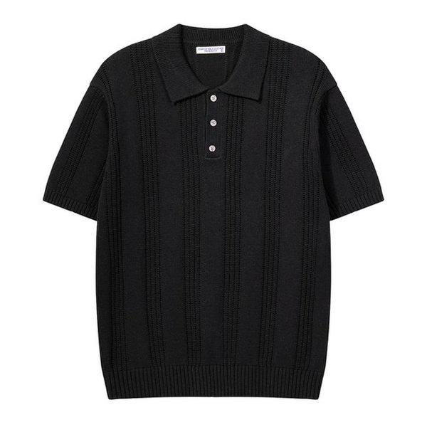 メンズシングルボタンカラーネック半袖ニットTシャツ AS-KN-Q024-ブラック