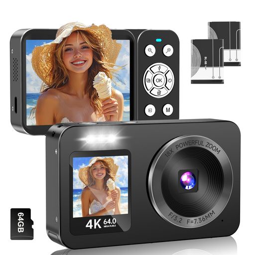 デジタルカメラ 4K 6400万画素 30FPS デジカメ 64GB TFカード付き 自撮り機能 18Xデジタルズーム 2.8インチ IPSスクリーン AFオートフォーカス 充電式YouTubeカメラ