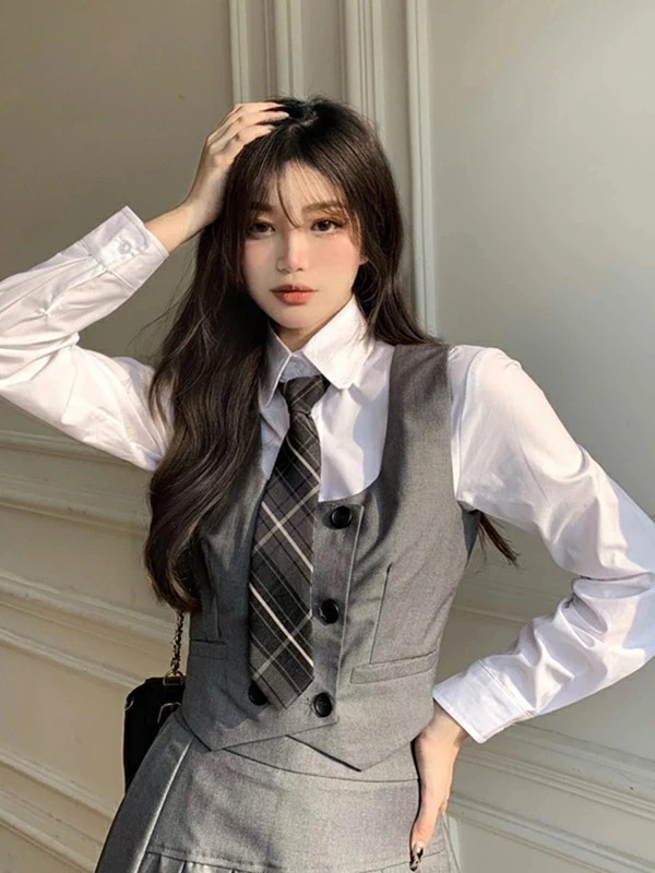 オールインワンセットアップセットアップ学院風 女の子 女子制服 制服 ネクタイ 韓国 高校生 4点セット 卒業式 シャツ 卒業式 入学式 韓国 夏服 スーツ フォーマルスーツ 半袖 プリーツスカー