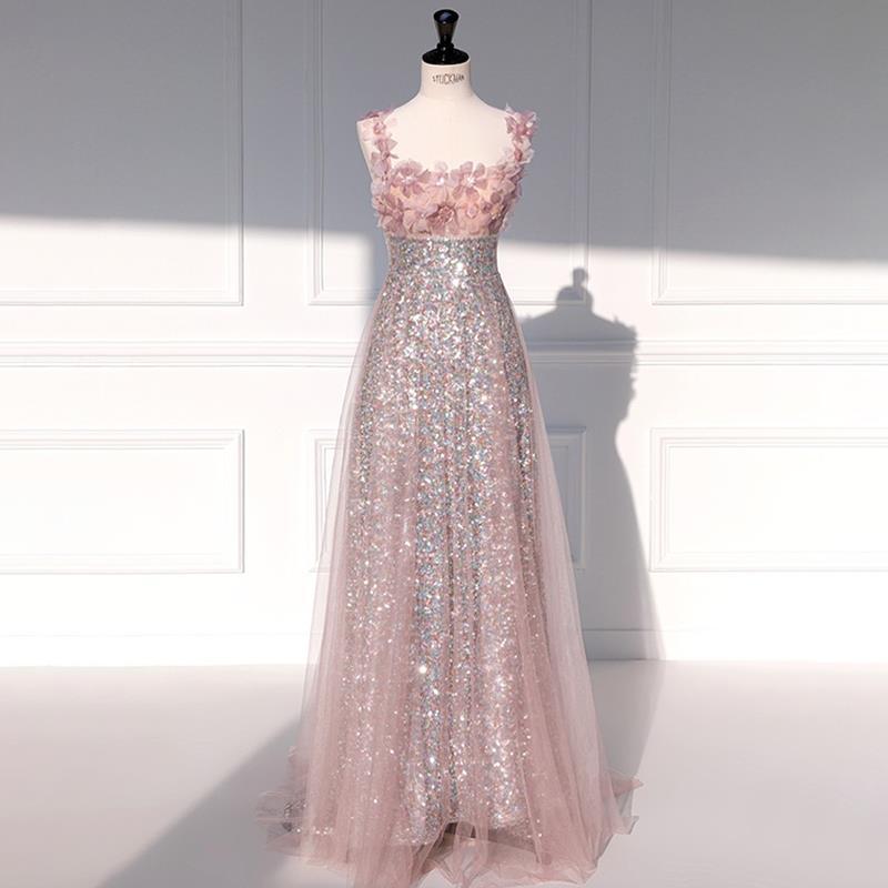 結婚式ドレス 二次会ドレス ピンク 花柄 キャミドレス 可愛い キラキラドレス スパンコール 素敵 キレイめ ゲストドレス お花 イブニングドレス ロングドレス 発表会ドレス XS S M L XL