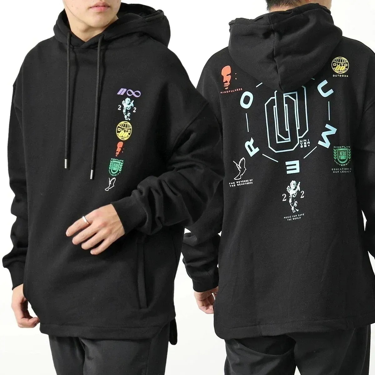 NUMERO 00 ヌメロ フーディー UNIVERSE HOODIE 22165 メンズ スウェットシャツ ユニバーサル 長袖 裏起毛 オーバーサイズ BLA