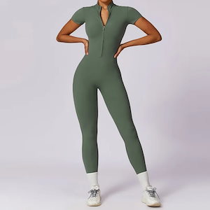 納期21日：HGC Yoga Jumpsuit Women Zipper Short Sleeve one piece Gym suit Fitness Set Comfort Workout Rom