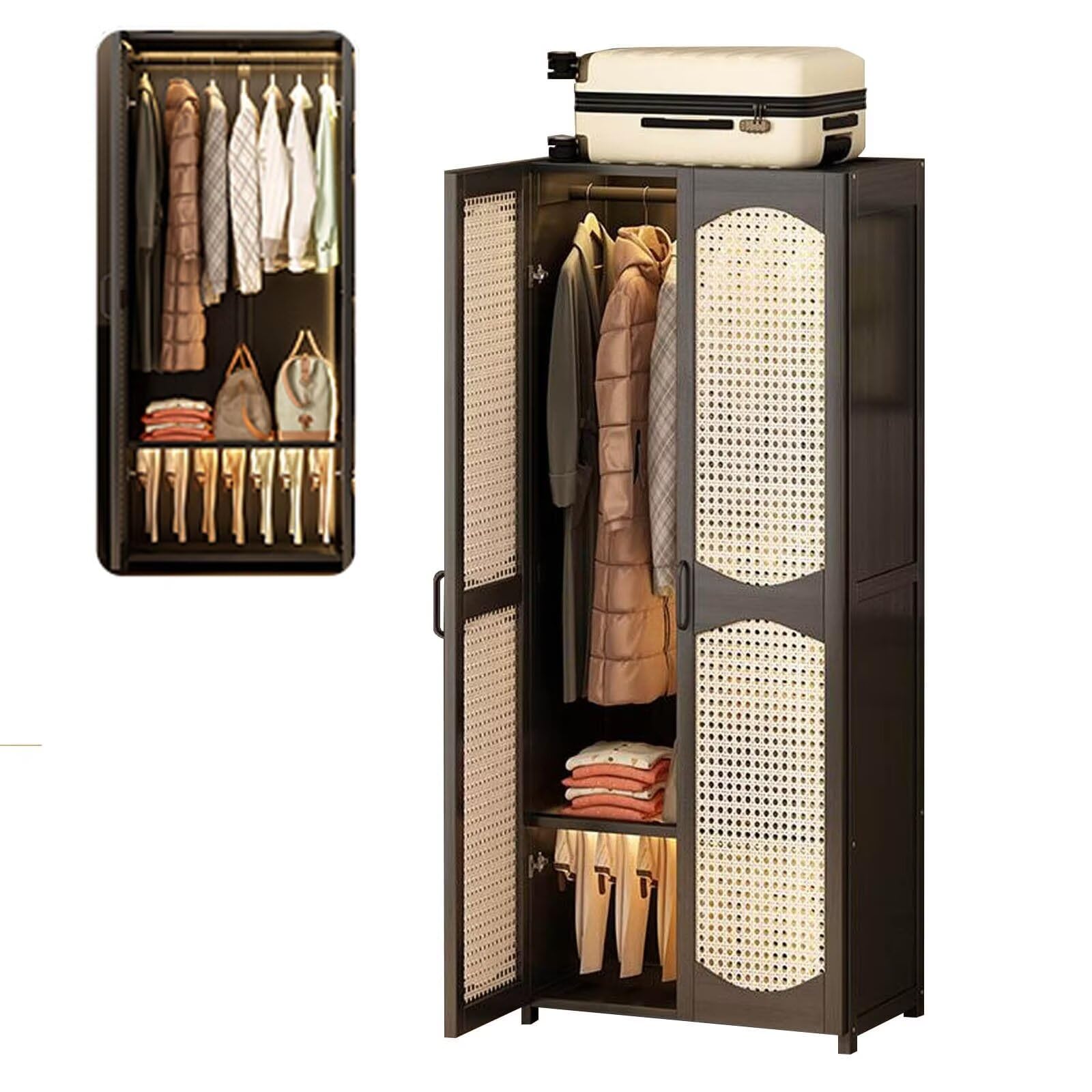 ワードローブ クローゼット ハンガーラック 扉付き 竹製 整理棚 洋服棚 収納 ラック おしゃれ 通気性 大容量 耐久性 リビング 寝室 防水・防塵・防汚 ブラック 幅70X奥行き44X高さ160cm