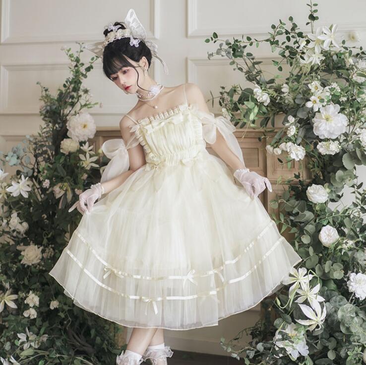 ロリータ ワンピース ジャンパースカート ストラップ お姫様 ゴスロリ ロリータ ドレス ミモレ丈 ロング丈 チュチュかさね ふわんり 可愛い Lolita ネックレス付き リボン エレガント キュー