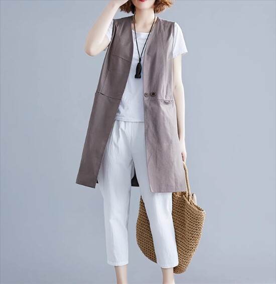 ベスト アウター トップス チョッキ 春夏 ミッドレングス ジャケット カーディガン Vネック シングルブレスト 袖なし ボタン ポケット ルーズ かわいい きれいめ 大人可愛い 上品 おしゃれ 大人