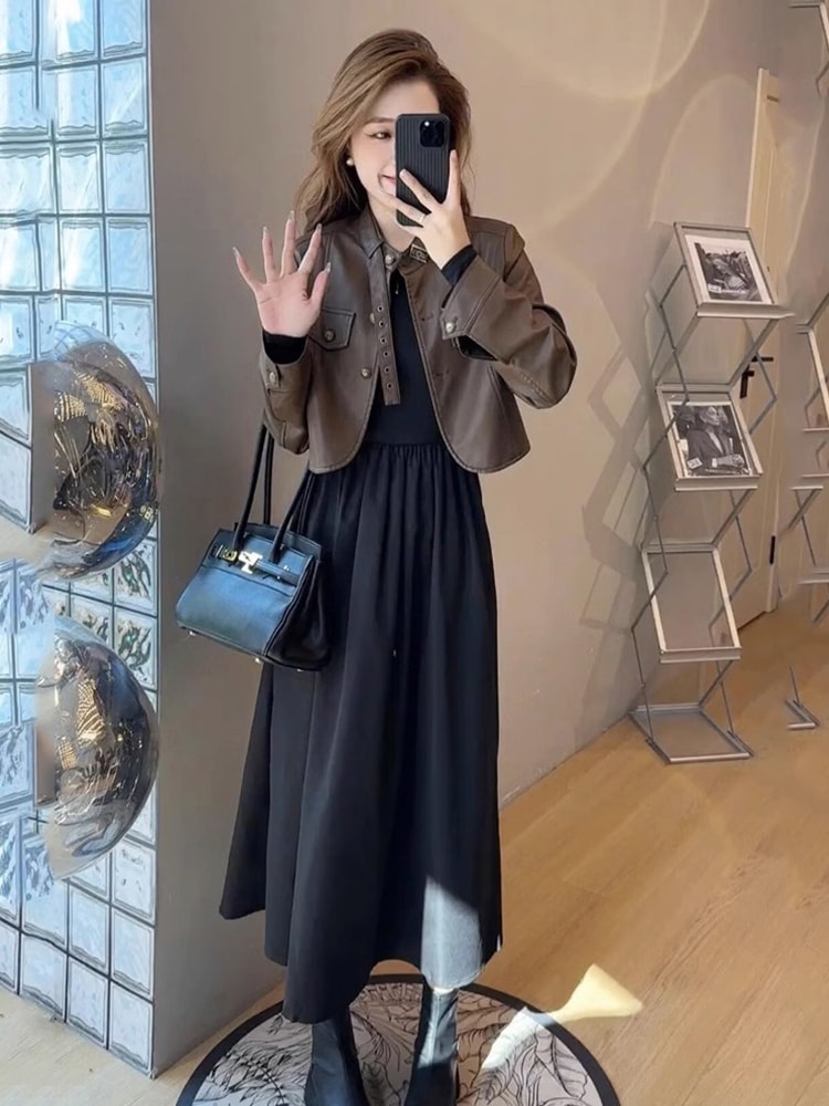 フランス黒ニットドレス子供2023新しい気質のロングスカートのシニアセンスをドレープ